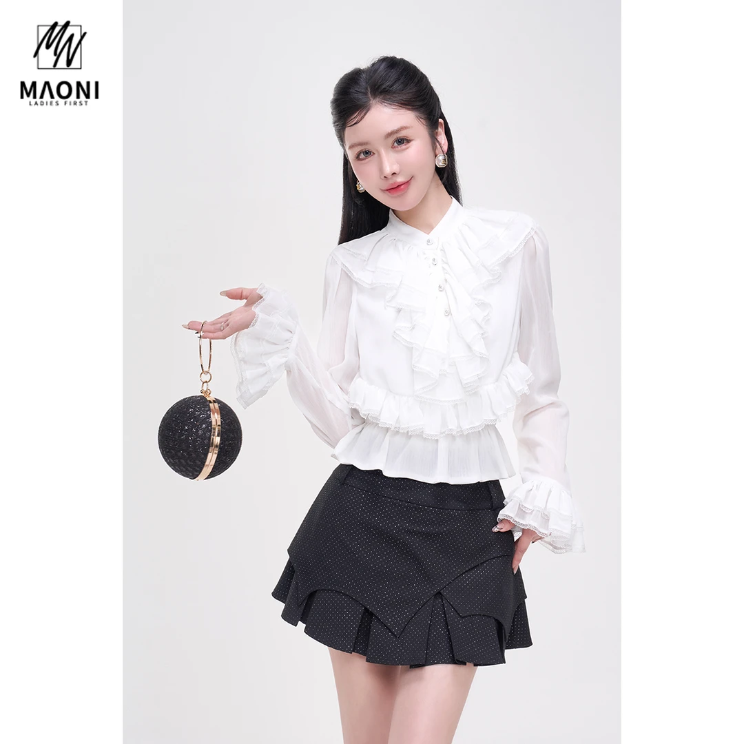 毛妮Peshe【荷叶边衬衫】甜美拼接雪纺收腰显瘦宫廷风上衣女L1321