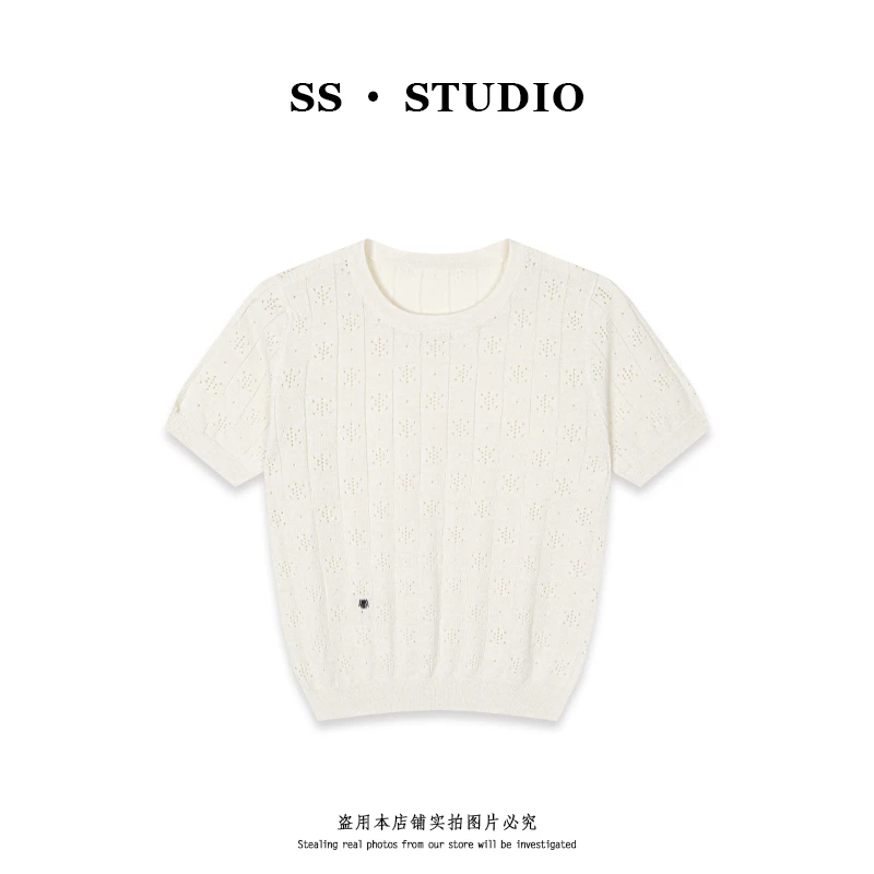 【SUSU】"小蜜蜂"刺绣夏季钩花镂空休闲圆领针织短袖上衣SS-5423