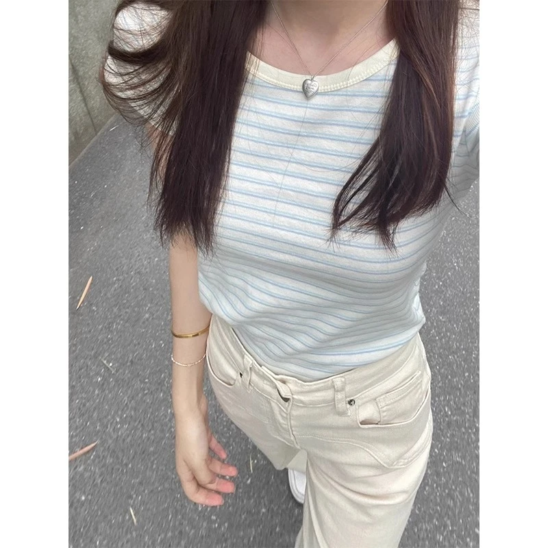 夏季2025韩系纯欲风撞色条纹短袖T恤修身圆领休闲显瘦小众上衣女