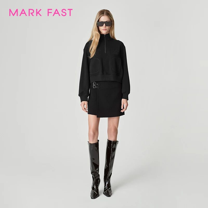 MARKFAST设计师品牌黑色半高领磨毛针织卫衣女M1EGW24340