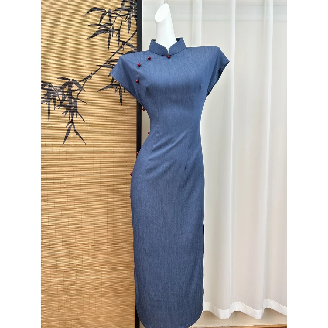 【浮尘】蓝色复古短袖旗袍女2025年夏季新款改良新中式日常穿年轻款