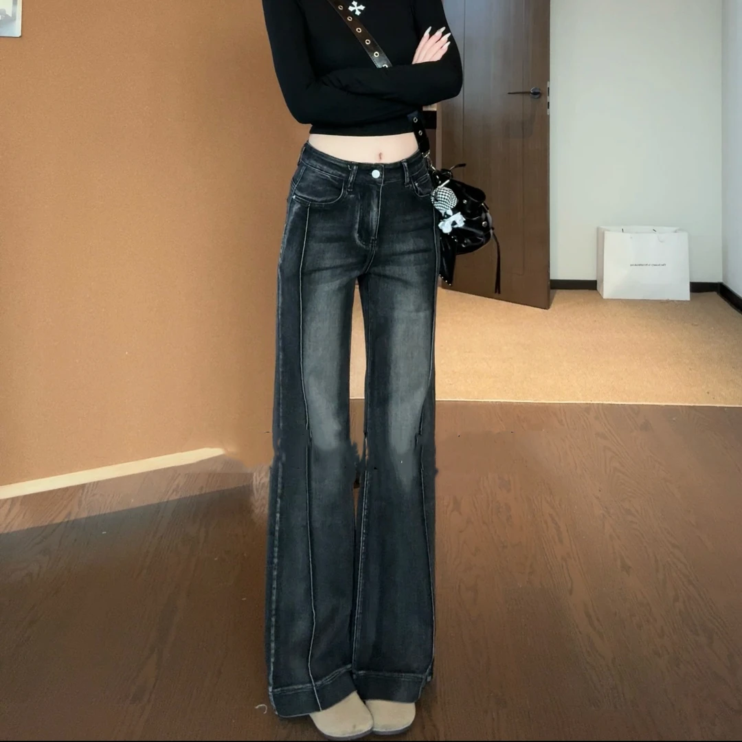 【林泡泡专属】欧美风复古做旧中高腰微喇裤牛仔裤女秋冬百搭加绒