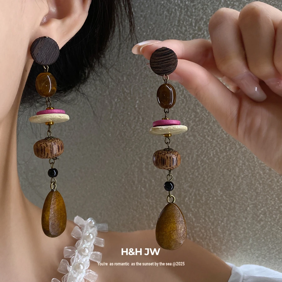 铜合金锆石耳饰 欧美木质民族风流苏耳环复古简约耳钉时尚气质耳