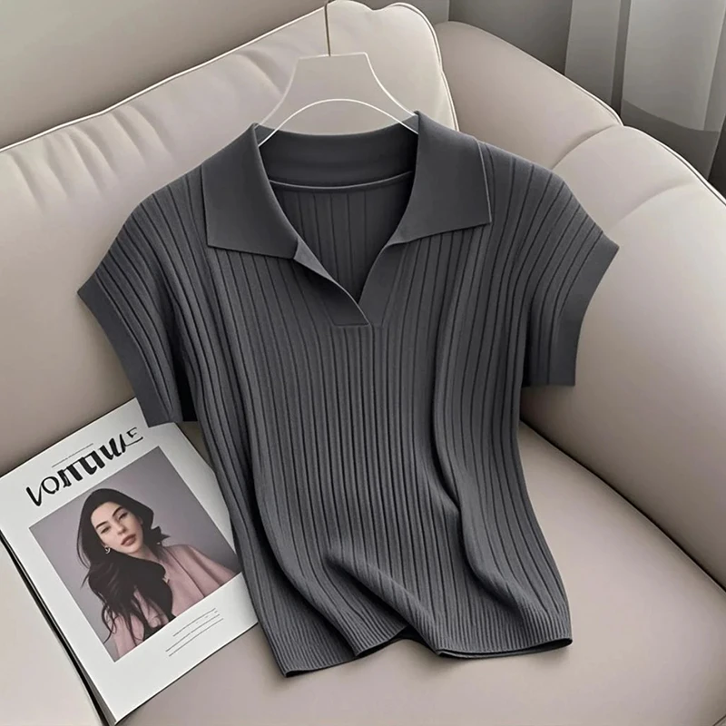 法式高级感气质半开领短袖针织衫女装夏季新款小个子时尚显瘦上衣