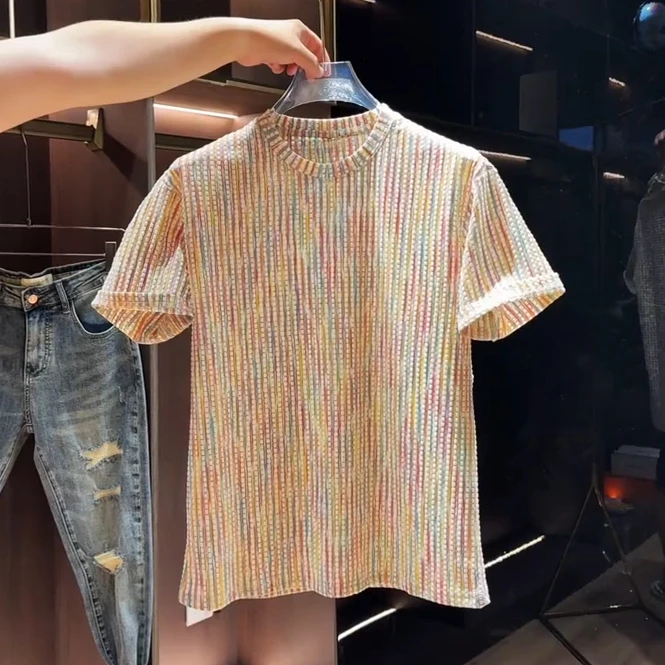 夏季薄款立体纹理撞色扎染设计短袖t恤男潮流百搭轻奢休闲圆领T恤