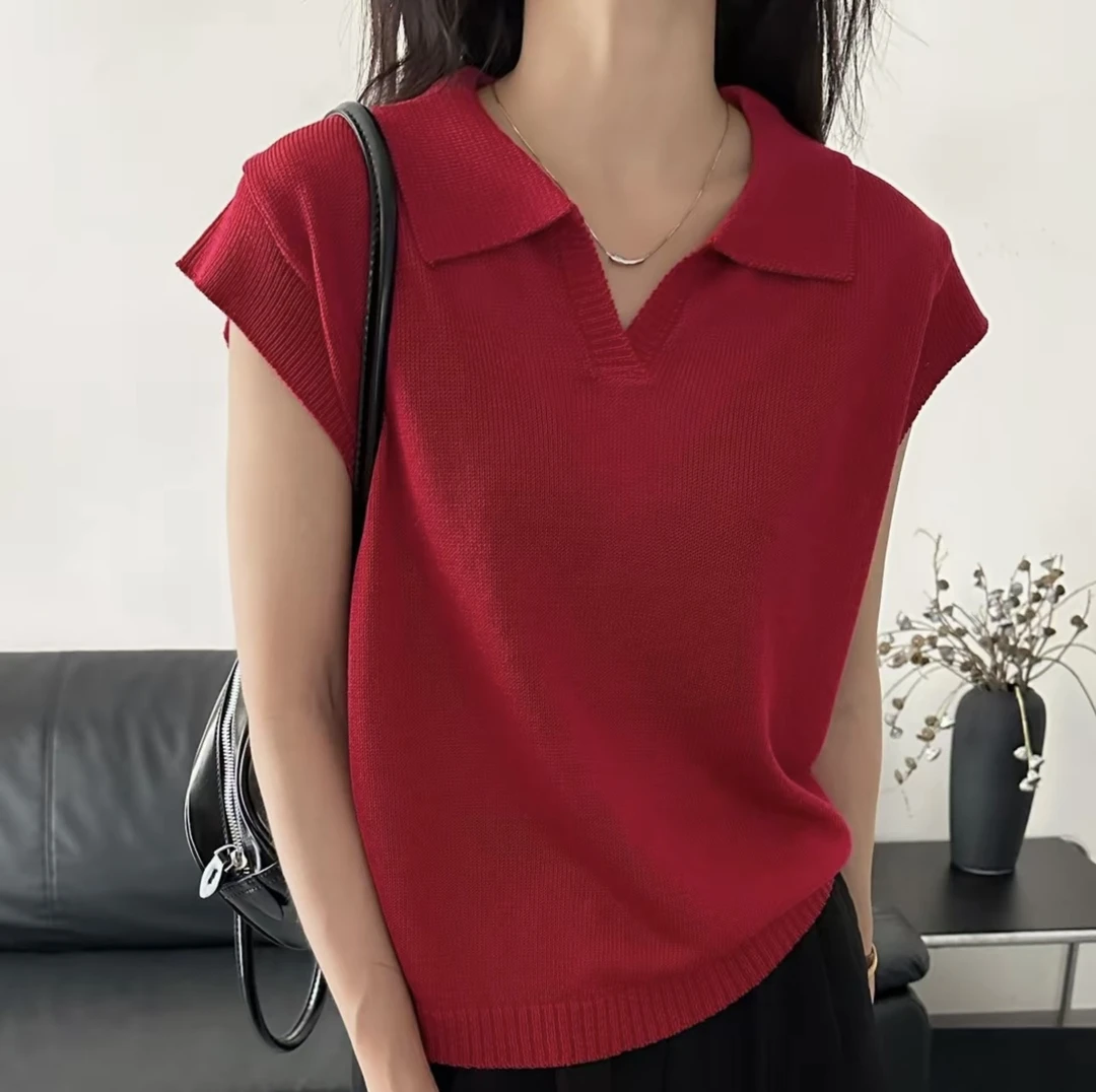 【翻领】正肩冰丝针织短袖T恤女夏季独特针织衫女款爆款2025新款