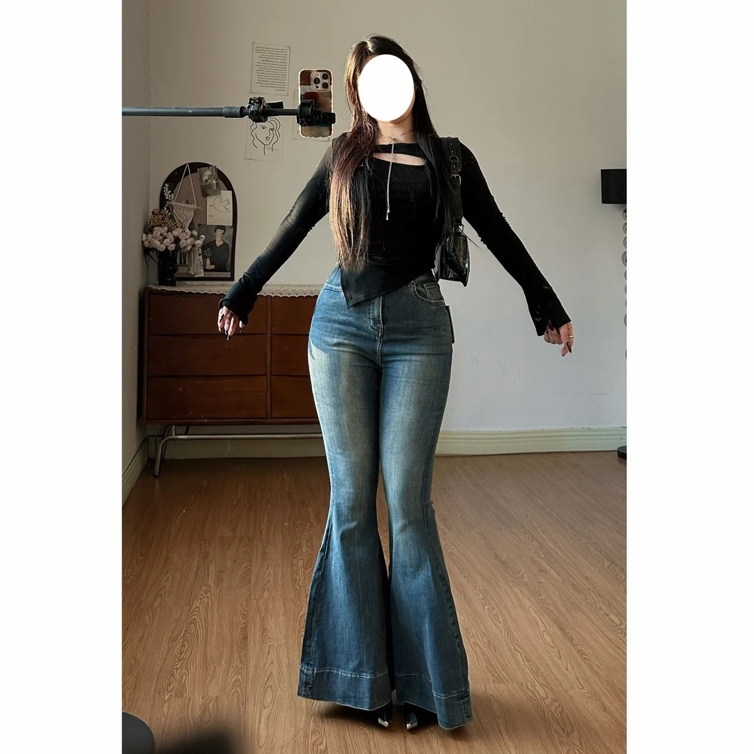 清清！ 低纬极光潮流复古水洗高腰显瘦大喇牛仔裤高弹-L160