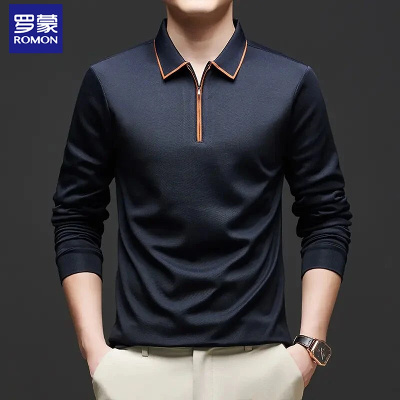 罗蒙男士春季长袖桑蚕丝POLO衫休闲百搭时尚中年宽松纯色打底衫男