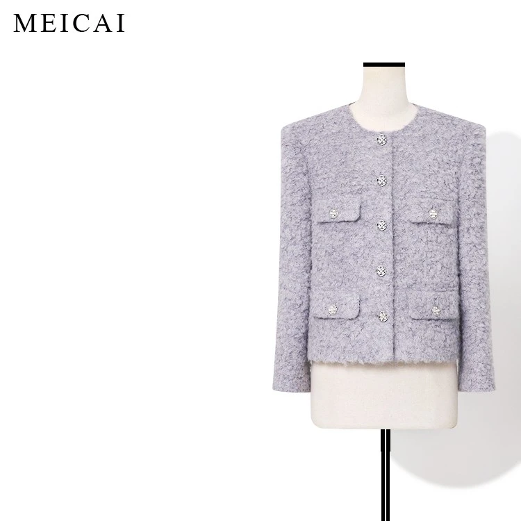 美裁 限定新款 绵羊毛立体圈圈清冷温柔风紫色小香气质外套