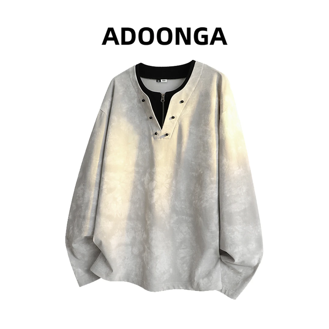 ADOONGA美式双层领圆领宽松卫衣男士春秋季宽松时尚休闲百搭上衣