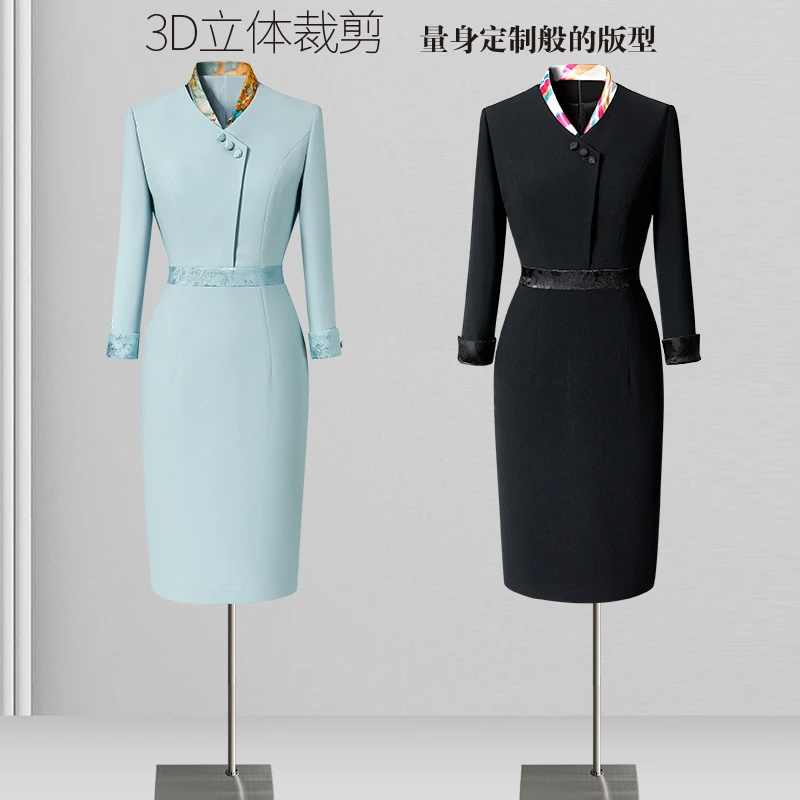 新中式连衣裙女职业装秋季七分袖时尚气质通勤包臀珠宝金店工作服