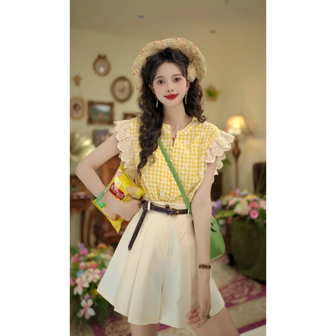 扣子家【向阳花】复古夏季显瘦女衬衫宽松刺绣格子上衣KK0725439