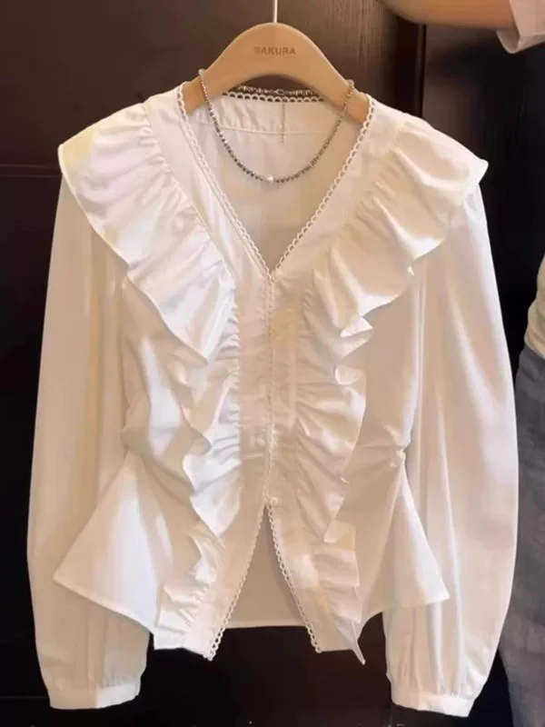 法式荷叶边V领白色衬衫女士春秋夏季2025新款轻奢高级感长袖上衣