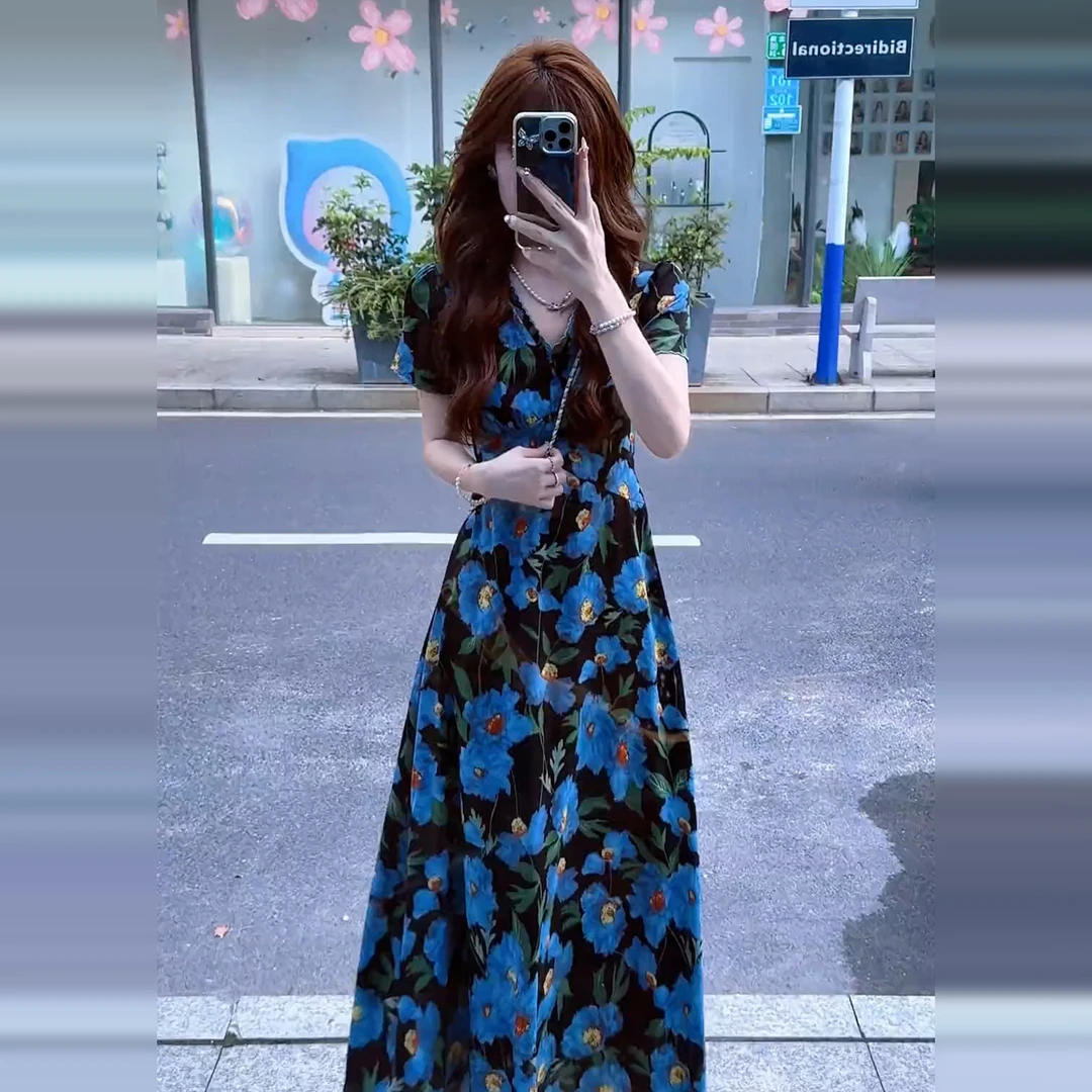 【现货+运补】黑色碎花连衣裙子女夏海边度假风温柔收腰长裙5700