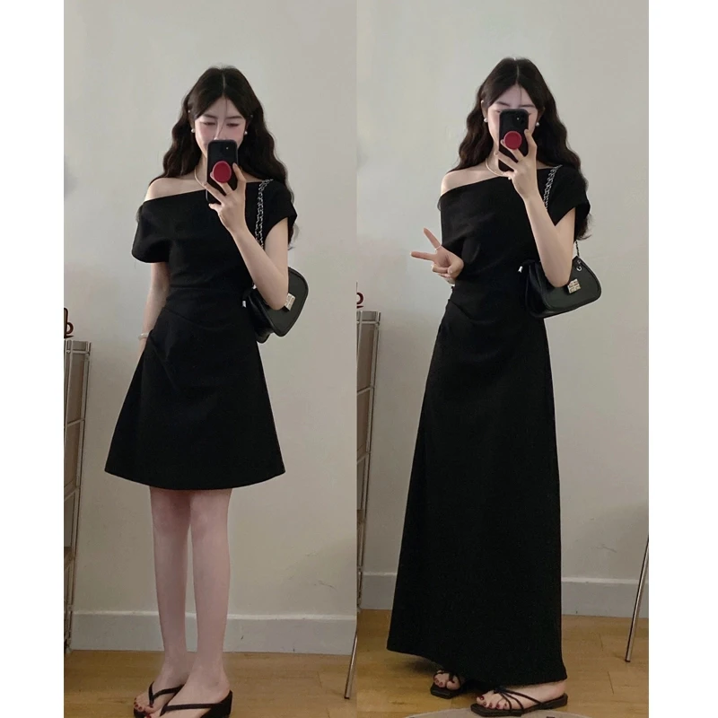 MO88ZSPF大码夏季微胖mm纯欲包臀收腰长裙一字肩连衣裙法式裙子