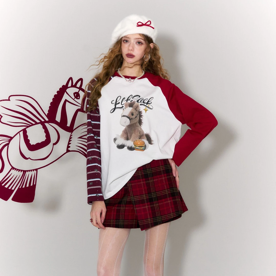 妖精的口袋卡通小马印花插肩长袖t恤女2025秋新款设计感薄款上衣