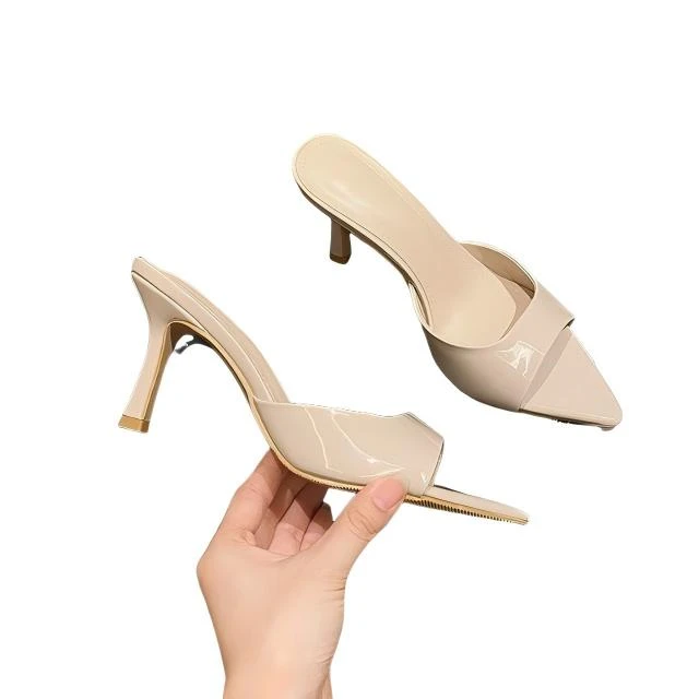 2025新款漆皮细跟尖头露趾性感外穿一字拖鞋