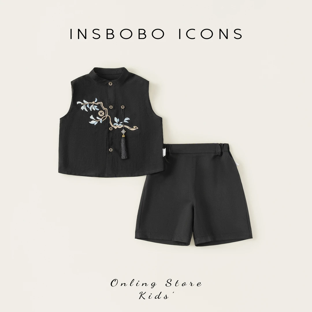 INSbobo儿童套装刺绣立领国风衬衫纯色休闲短裤两件套XT85039A