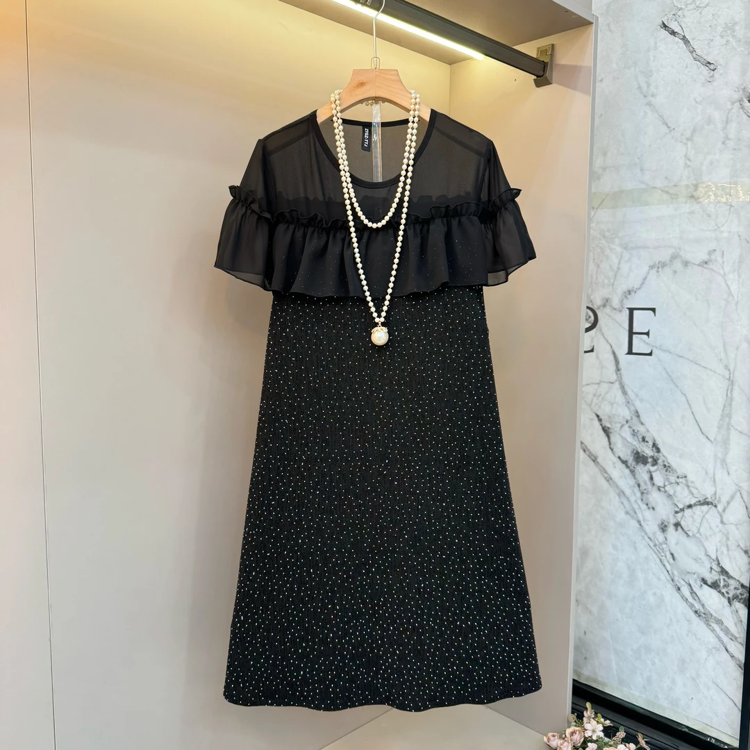 2025新款欧货雪纺拼接满天星大荷叶边精致名媛风大码连衣裙9110