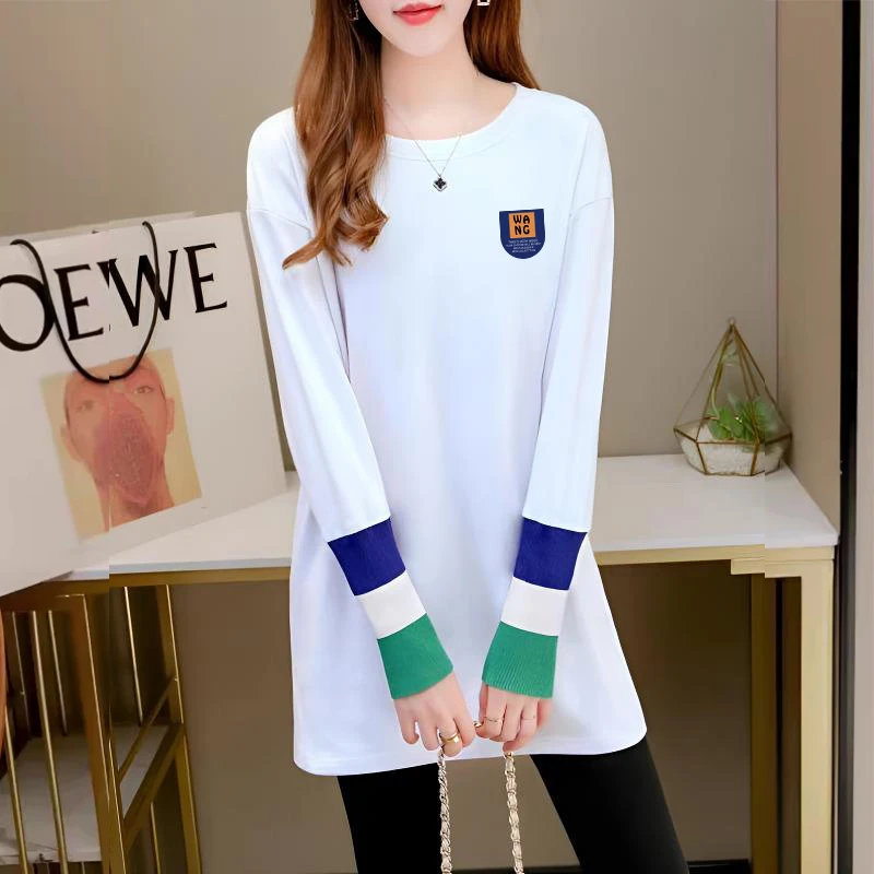 白色t恤女拼接针织长袖设计感上衣遮臀新款中长款内搭秋冬打底衫