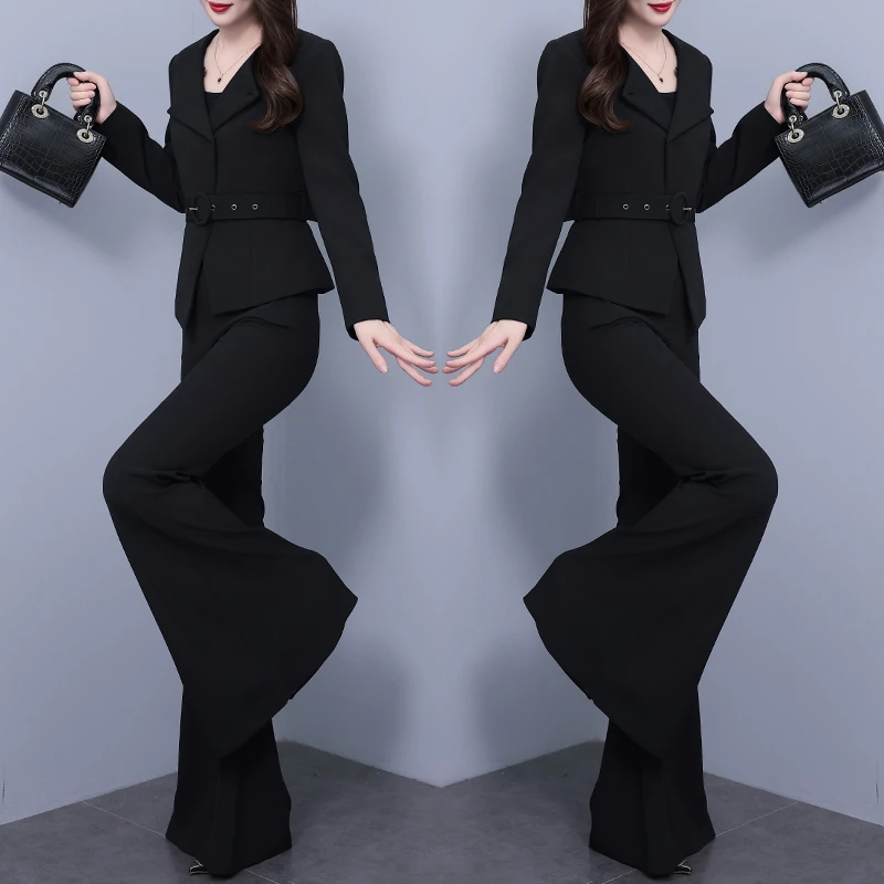 黑色气质三件套女2025秋季新款高腰微喇裤收腰修身女神范时尚套装