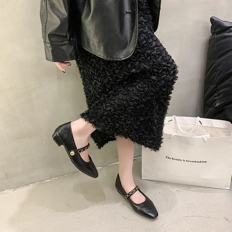 NaNa's百搭粗跟平底浅口鞋子春秋夏季英伦风小单鞋663