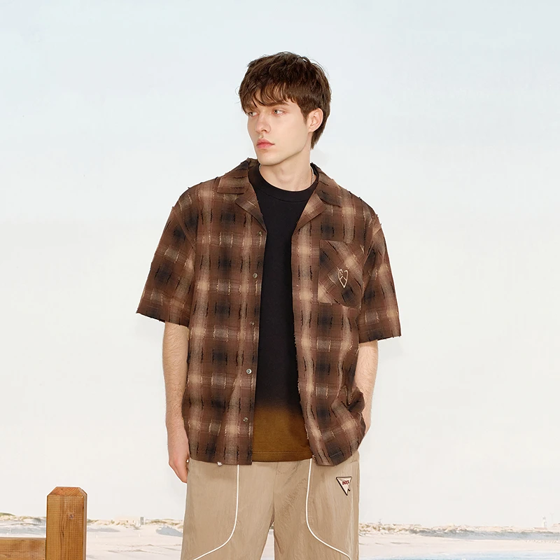 【布达佩斯】INXX男装穿搭剪花格纹面料短袖衬衫撞色衬衣XRF2040861