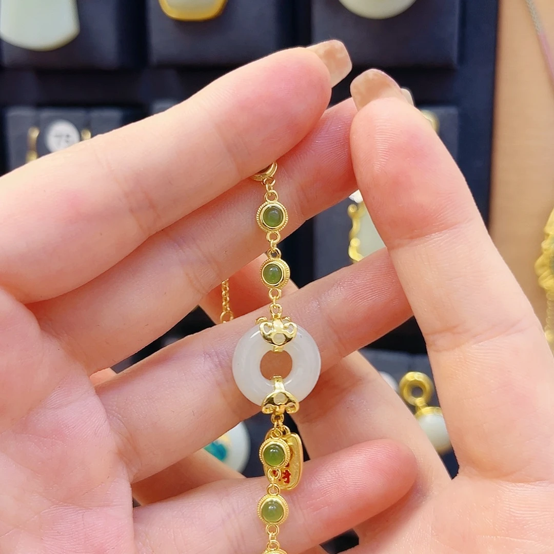 和田玉银S925镀金镶嵌手链