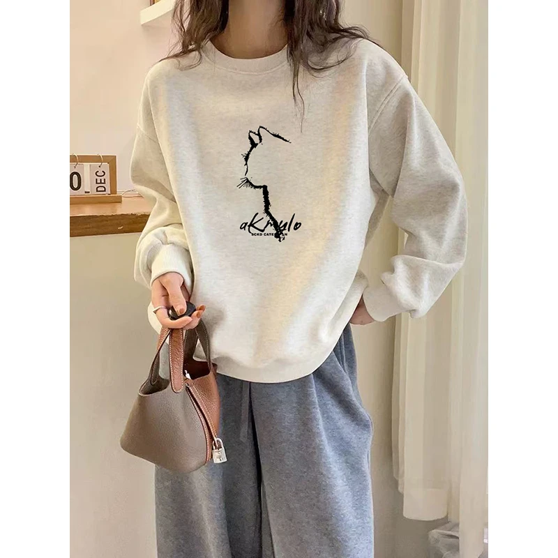 白灰色圆领卫衣女秋冬季2025新款宽松慵懒风加绒加厚薄款上衣外套