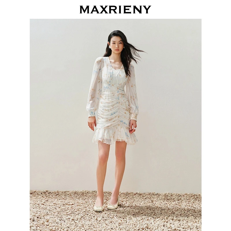 MAXRIENY【英式雅皮士-商场同款新品】复古浪漫蕾丝荷叶连衣裙
