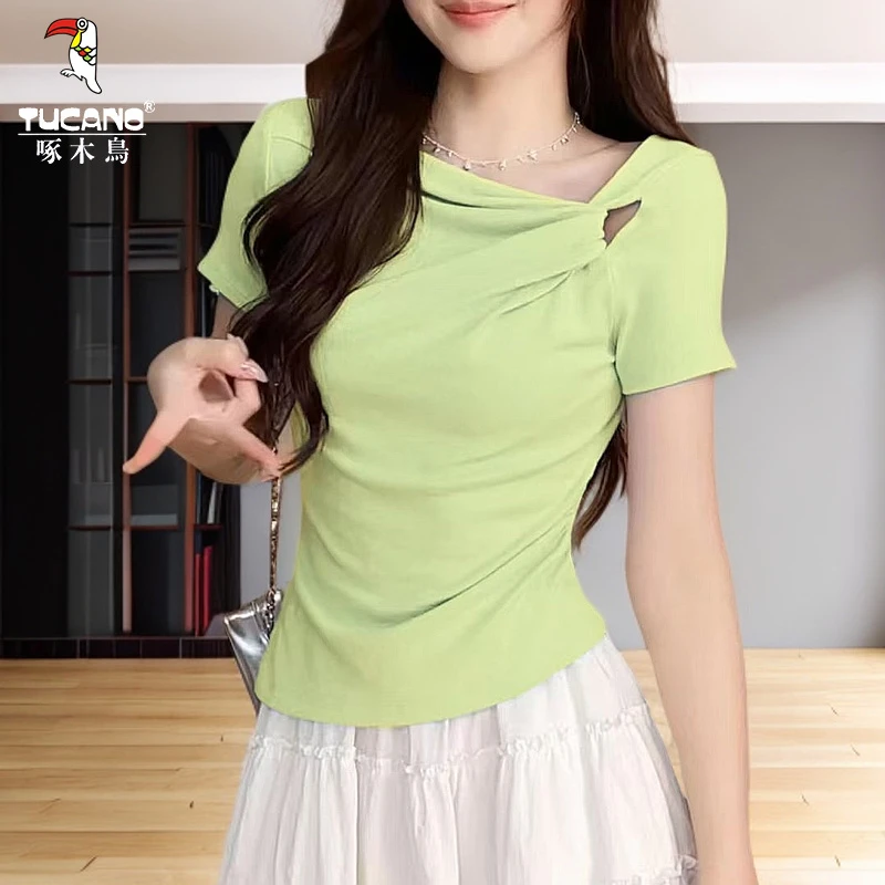 啄木鸟女装夏季不规则修身显瘦短袖时尚百搭T恤斜肩镂空纯欲上衣