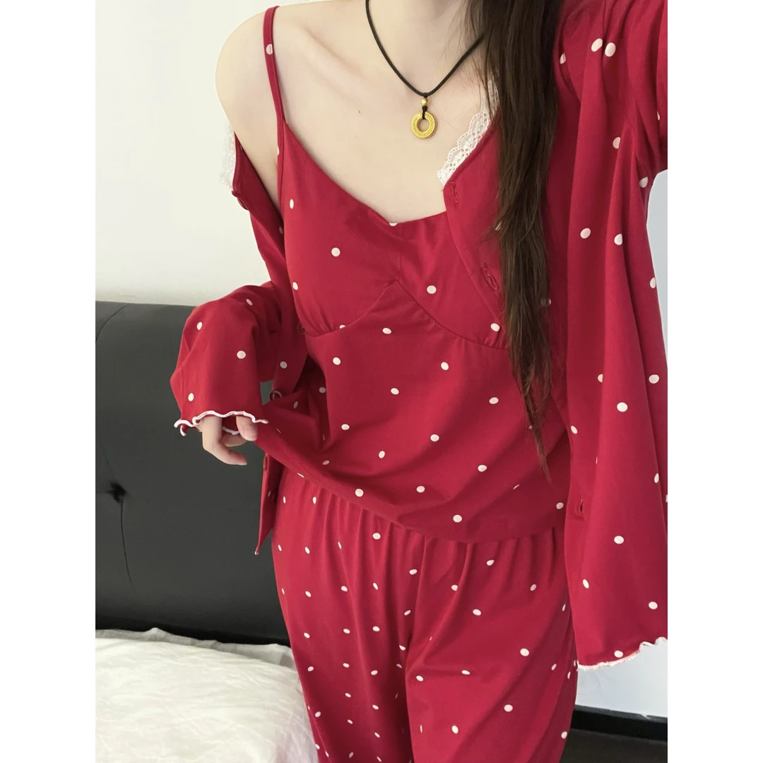 韩系新年红波点印花睡衣女春秋季新款大码宽松家居服三件套可外穿
