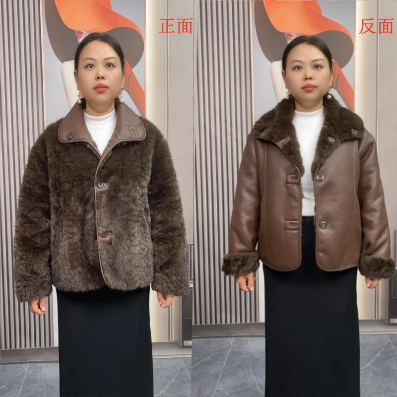 【双面双穿】冬季2025年新款皮毛一体时尚休闲轻奢翻领加厚加绒外套