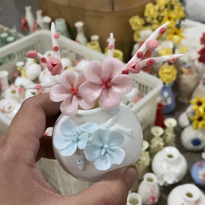 瓷片纯手工陶瓷花摆件瑕