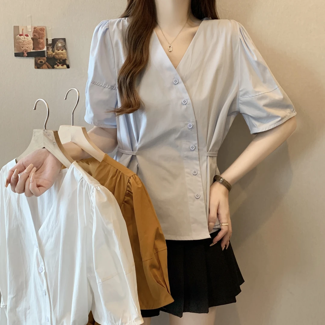 2025夏装新款胖mm大码时尚法式复古显瘦收腰百搭v领短袖小衫