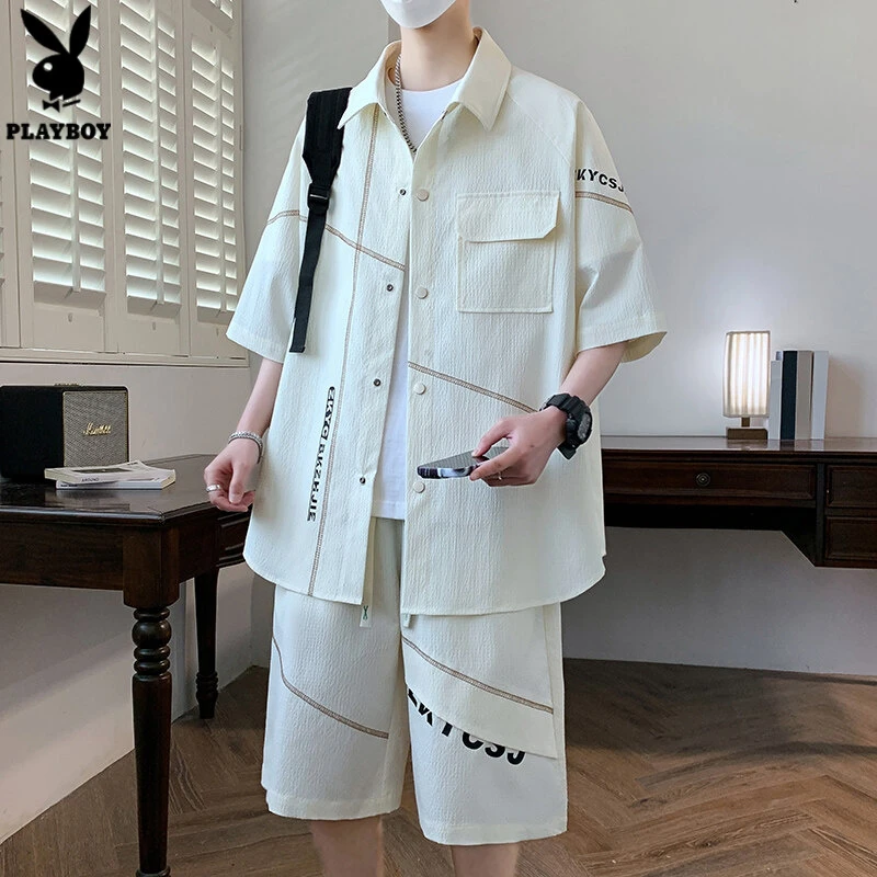 花花公子工装短袖衬衫男士套装夏季五分袖透气衬衣痞帅休闲两件套