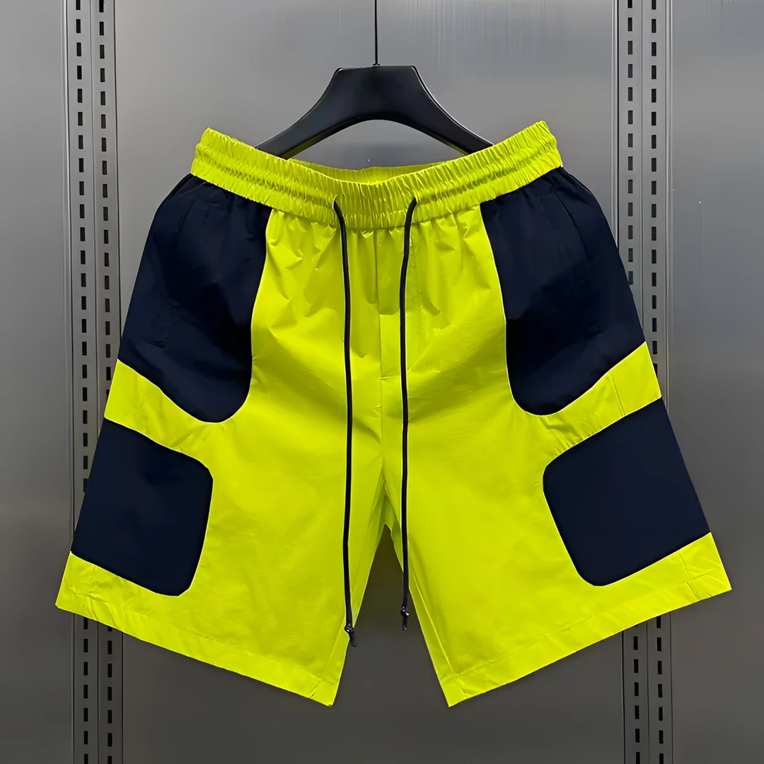 2025夏季薄款男士休闲裤拼色工装松紧腰弹力运动裤潮流百搭五分裤