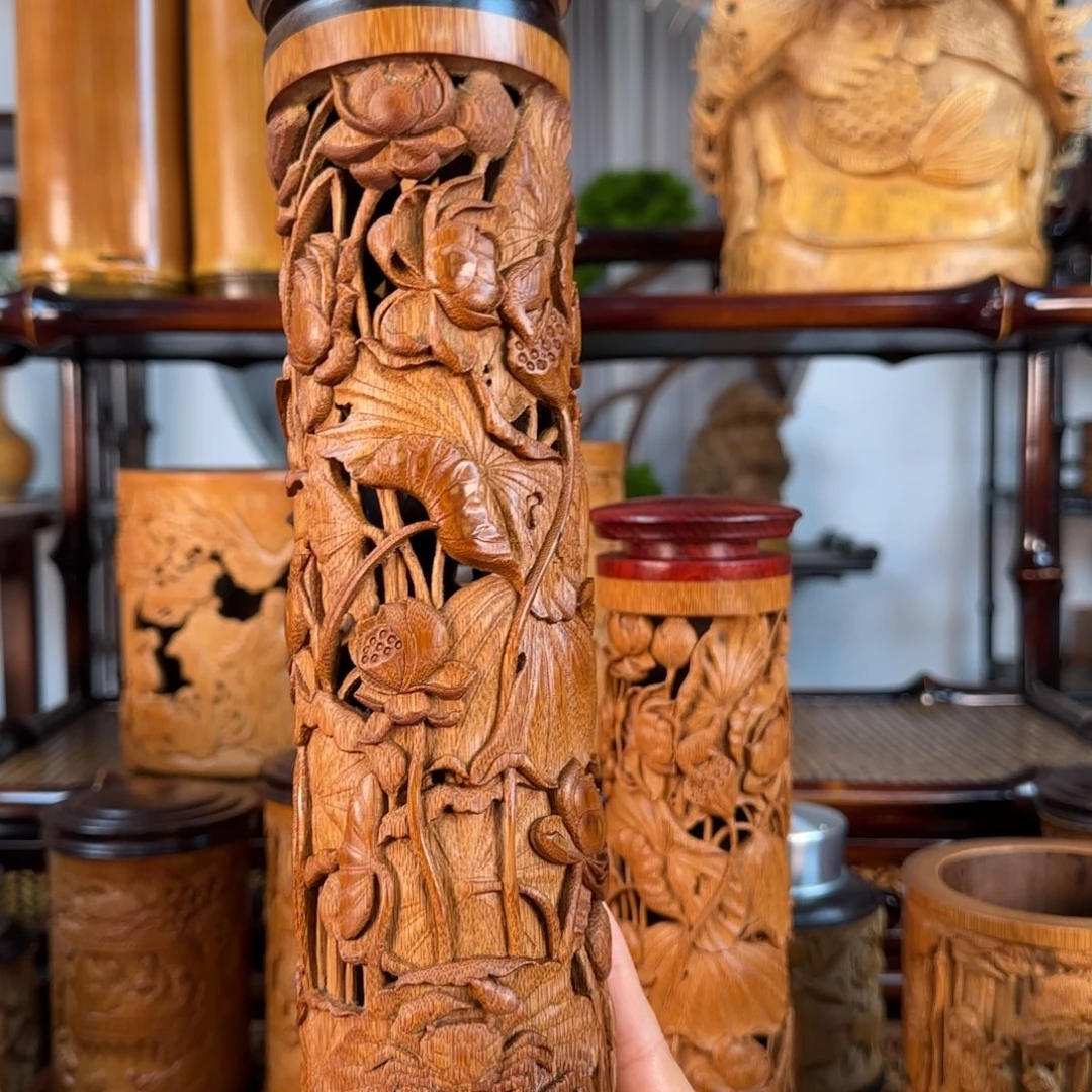 用***0荷花香筒手工竹雕