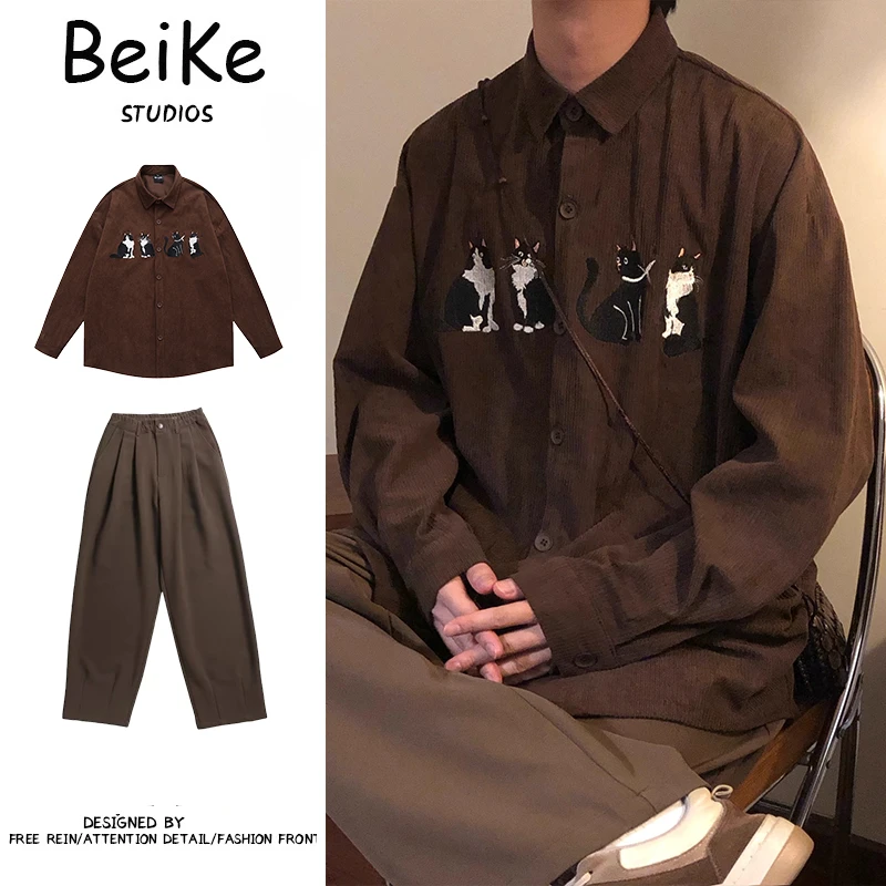 两件装/秋美式复古趣味小猫刺绣灯芯绒宽松休闲长袖衬衫上衣男女