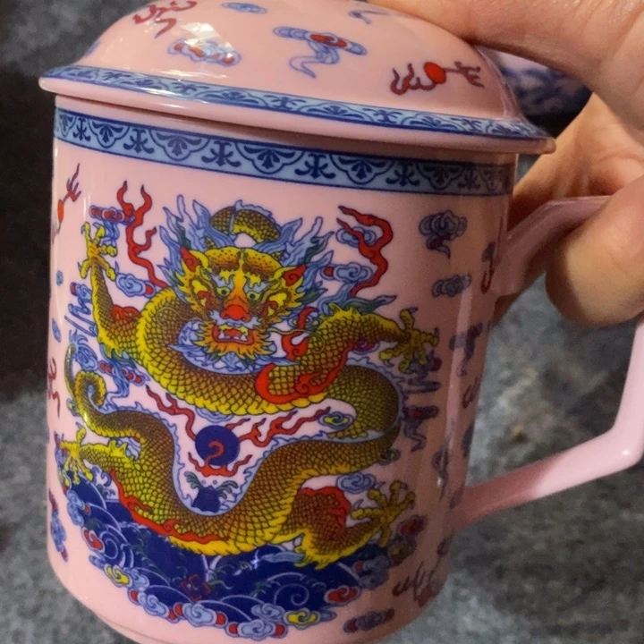 盖碗陶瓷红稀土斗彩龙凤直筒办公杯