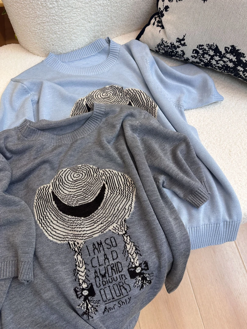 【超细桑蚕丝】草帽经典春夏黑灰针织衫圆领女装打底衫T恤短袖