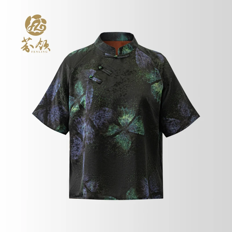 芬领-星河-中式老料香云纱30姆米盘扣上衣宽松休闲国风春夏SY1131