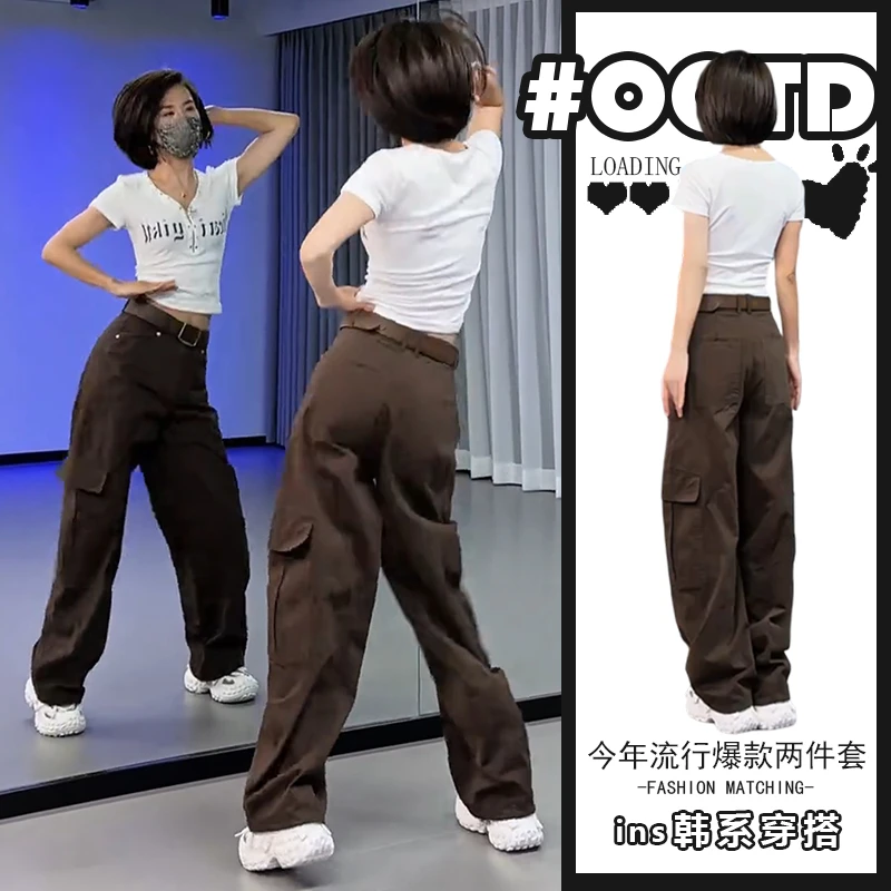 2025夏季辣妹纯欲修身短袖T恤搭配高腰工装裤酷女孩独特两件套潮