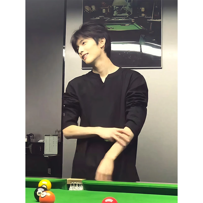 人夫感黑色正肩v领长袖t恤男秋季肌理感卫衣高级感痞帅内搭打底衫