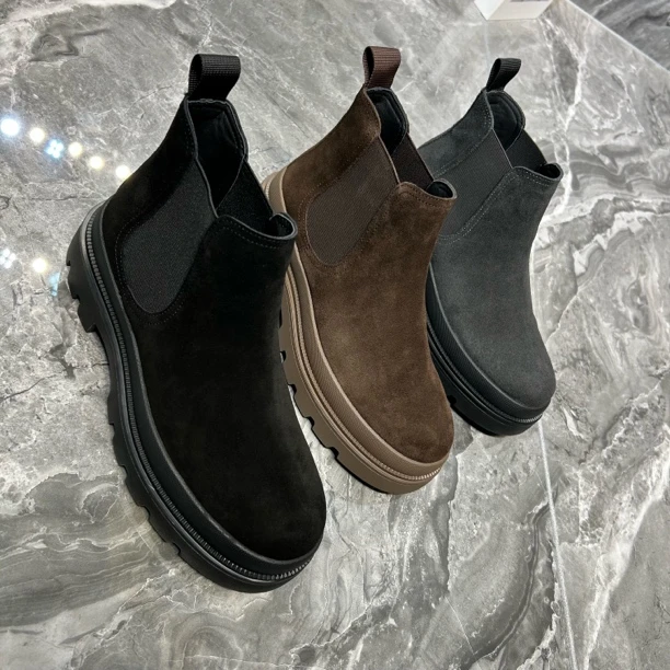 休闲皮鞋防滑耐磨磨砂皮圆头厚底休闲鞋百搭保暖