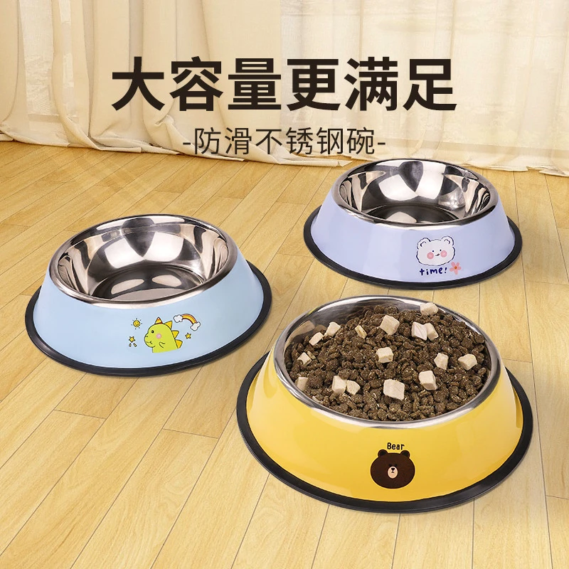 不锈钢防打翻狗碗 中大型犬专用大容量食盆 狗盆猫碗两用印花设计