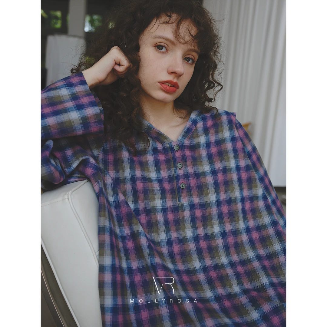 蓝莓格纹·复古撞色格子长袖长裤睡衣套装棉质家居服秋季女可外穿