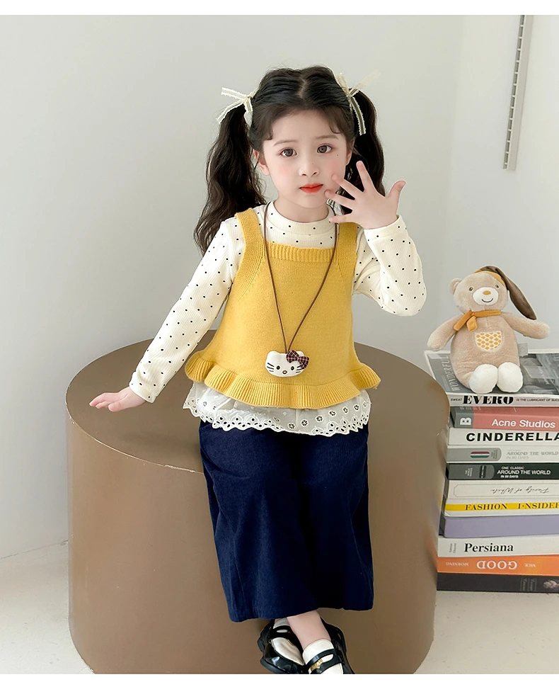 （三件套）春秋韩版圆点套头女套装裙子连衣裙针织洋气套装