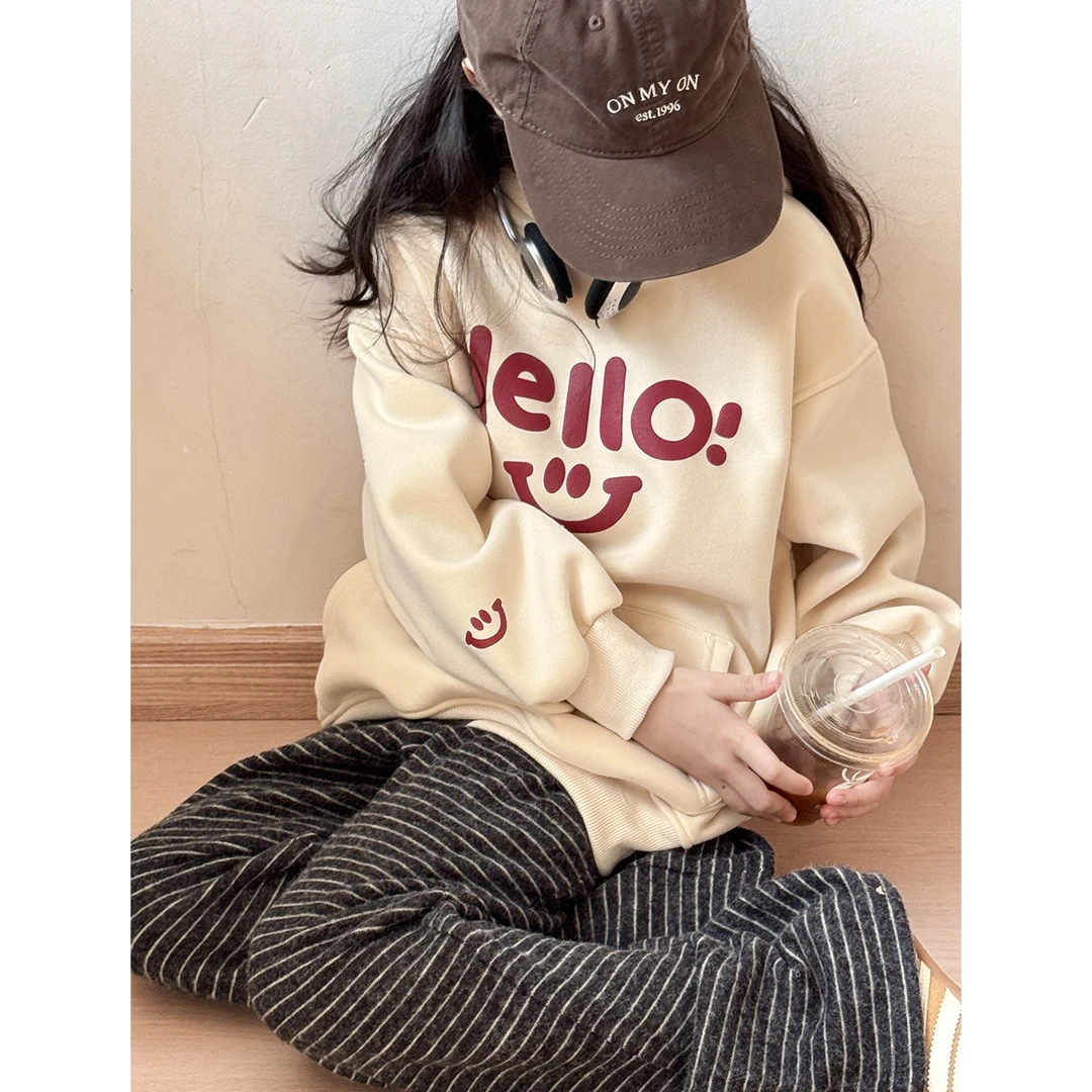 女童加绒卫衣秋冬2025新款儿童超好看连帽上衣大童女孩加厚套头衫