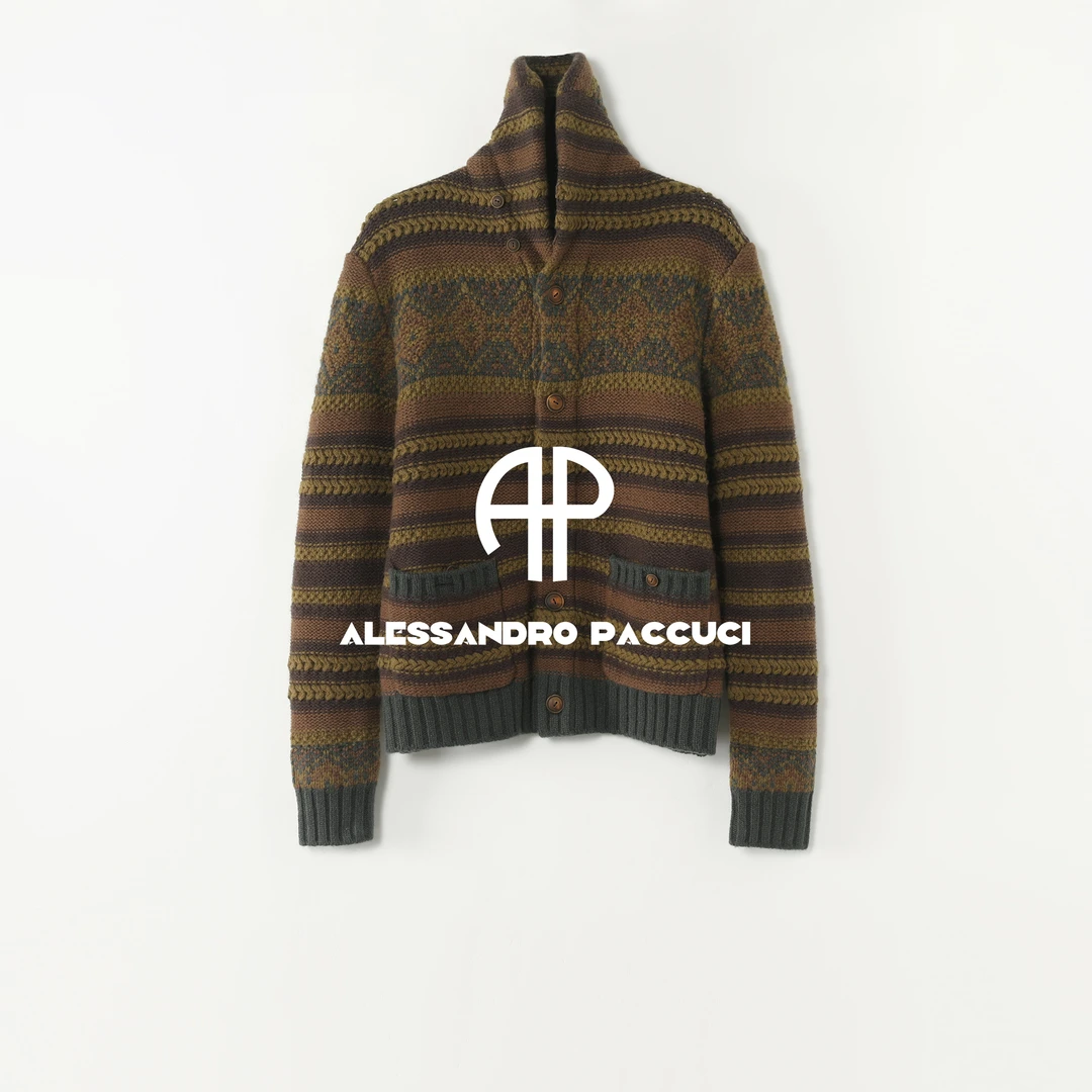 AP洛哥54289SK【木质调】100绵羊毛青果领嵌花条纹时尚百搭针织开衫